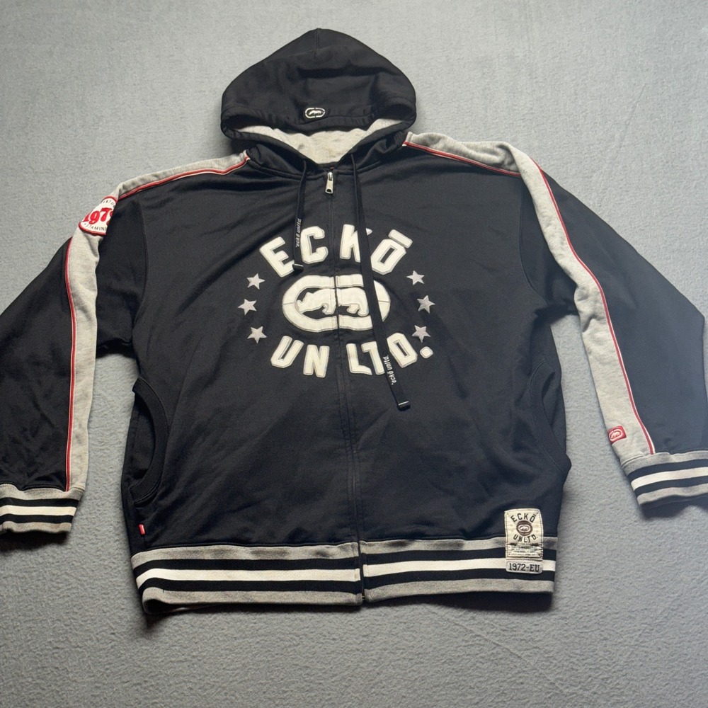 Ecko Unltd Mens Full Zip Hoodie Black Gray Rhino Logo Track Jacket Size XL
